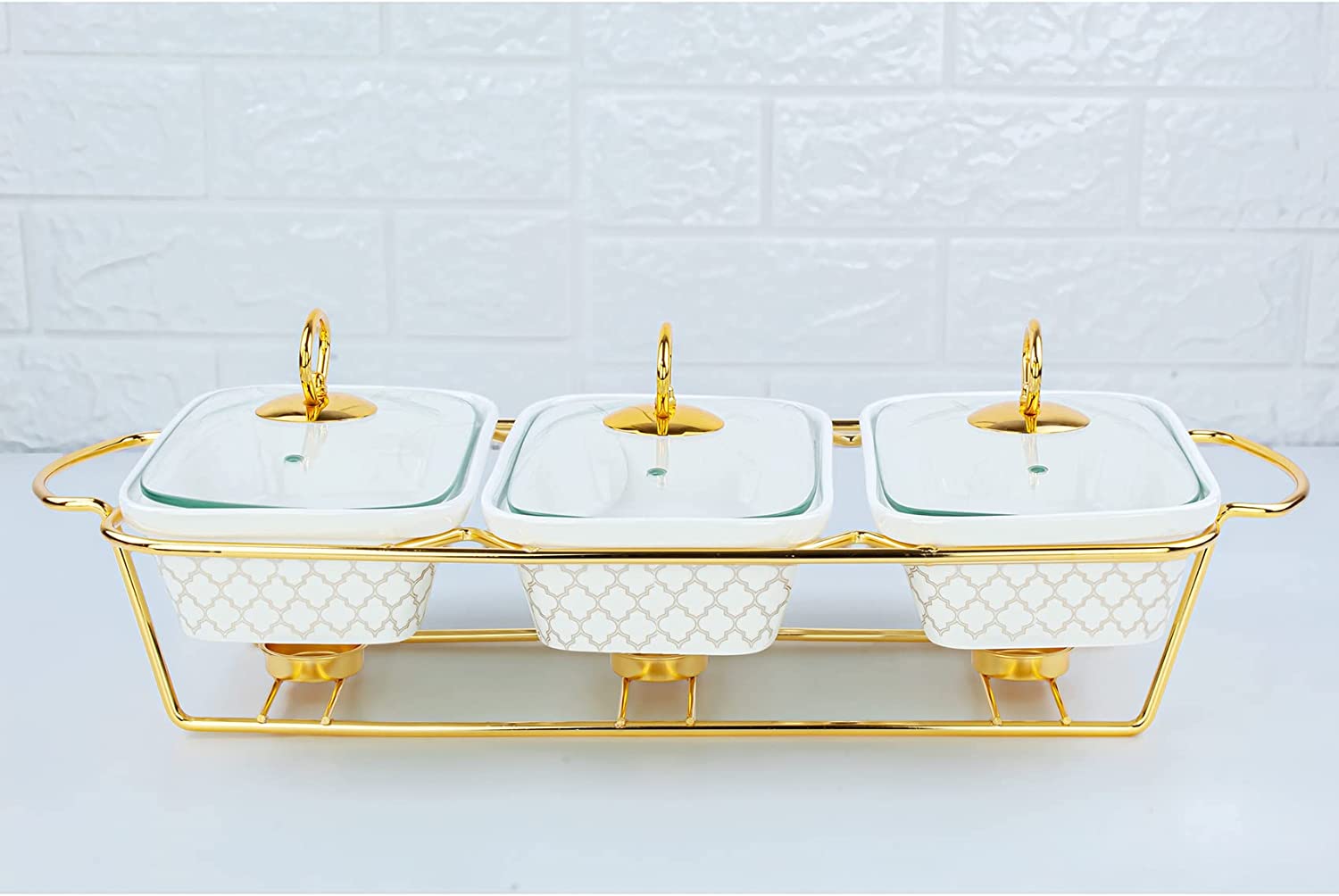 Shallow Triple Rectangular Porcelain Food Warmer with Lid and Golden Metal Rack سخان طعام ثلاثي مستطيل الشكل من البورسلين مع غطاء ورف معدني ذهبي من شالو Shallow Triple Rectangular Porcelain Food Warmer with Lid and Golden Metal Rack سخان طعام ثلاثي مستطيل الشكل من البورسلين مع غطاء ورف معدني ذهبي من شالو